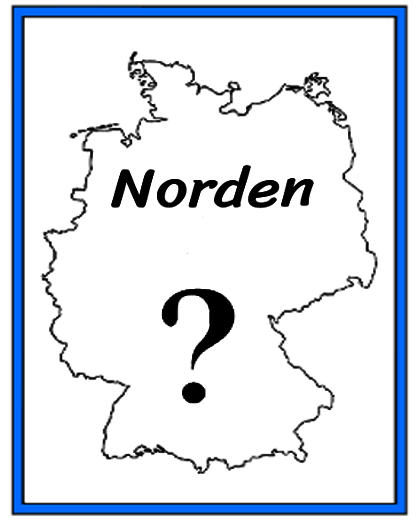 Weisse Landkarte von Deutschland. Im oberen Teil steht Norden und im unteren Teil steht ein schwarzes Fragezeichen