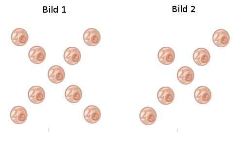 Links-jeweils 5 Münzen die in zwei Diagonalen liegen, die ein Kreuz bilden. Rechts genau das selbe nur hat eine Diagonale anstatt 5 nur 3 Münzen 